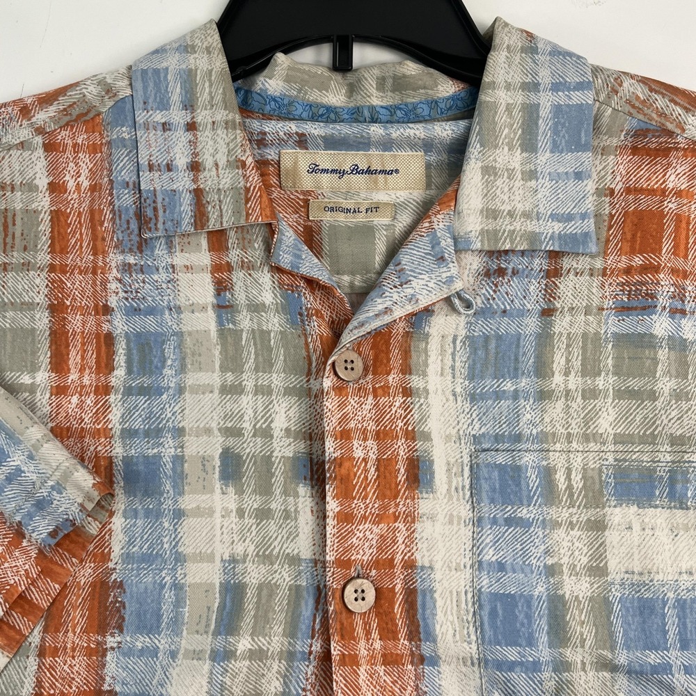 Tommy Bahama Shirt Mens Medium Multicolor Silk Plaid Short Sleeve IslandZone